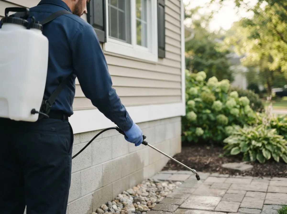 Pest control technician inspecting a home in Chapman, NE
